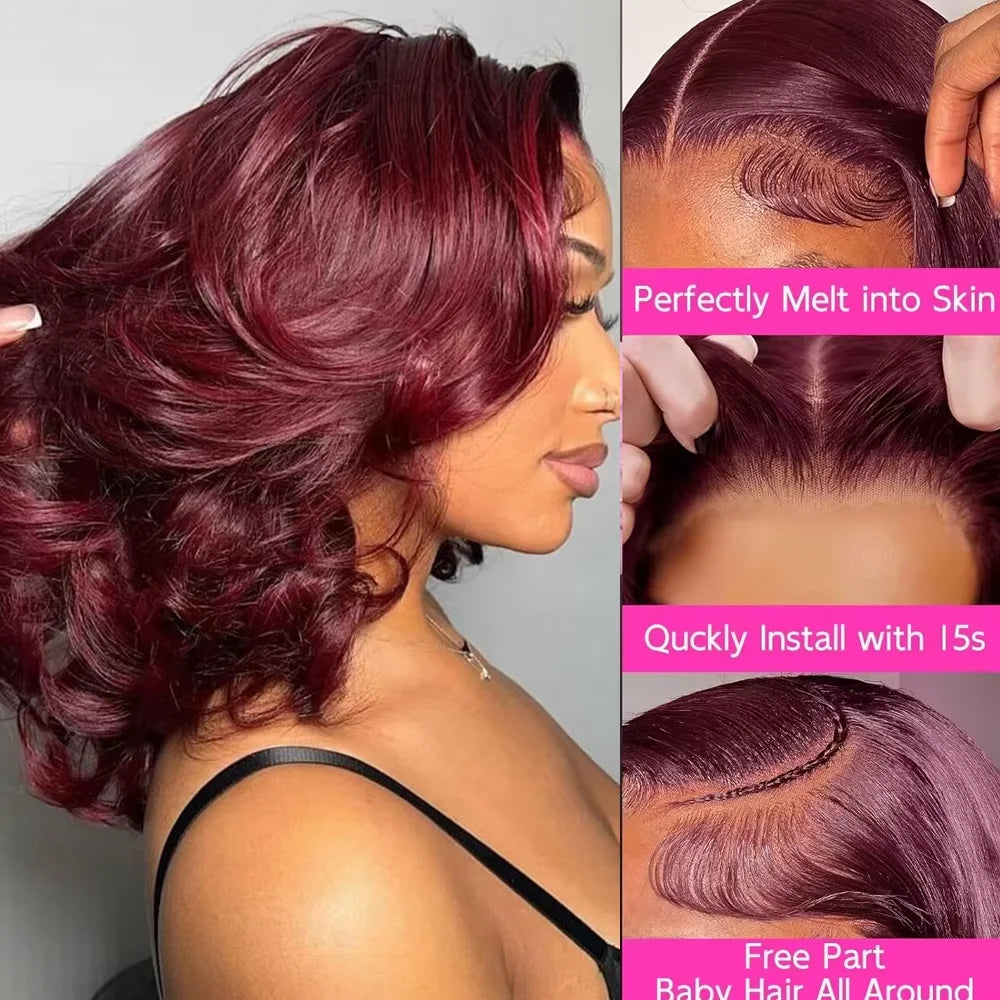 Brazilian 250% Burgundy 99J Body Wave Human Hair Wigs Red Wine Bouncy Curly Short Bob Hair Wigs 13x4 Lace Front Human Hair Wigs