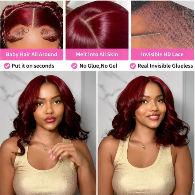 Brazilian 250% Burgundy 99J Body Wave Human Hair Wigs Red Wine Bouncy Curly Short Bob Hair Wigs 13x4 Lace Front Human Hair Wigs