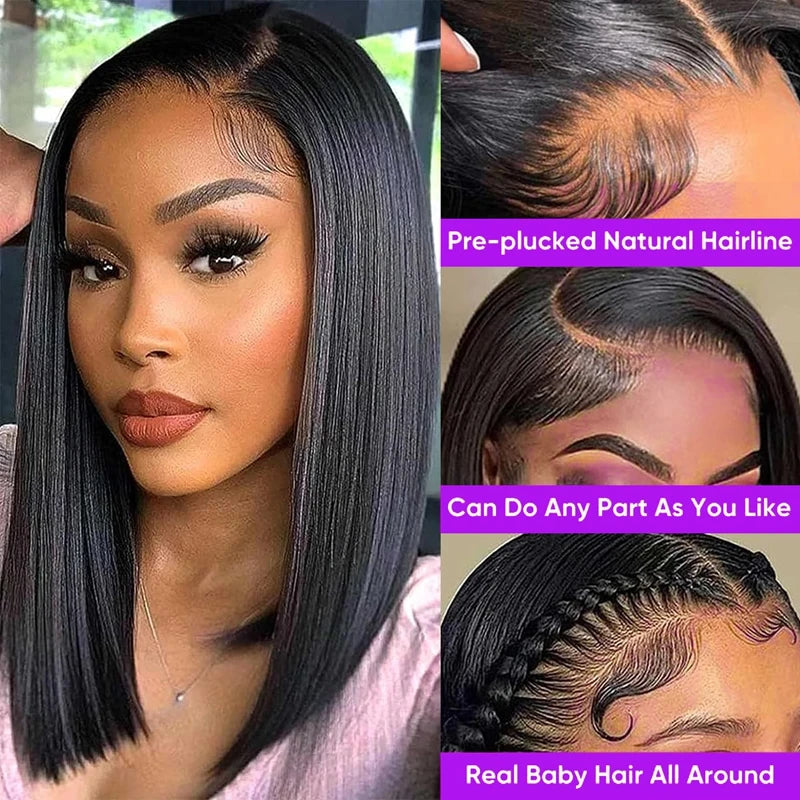 Straight Bob Wig 200% Density 13X4 Lace Frontal Wigs Brazilian Pre Plucked With Baby Hair 4x4 For Women 100% Human Hair Wigs #1B