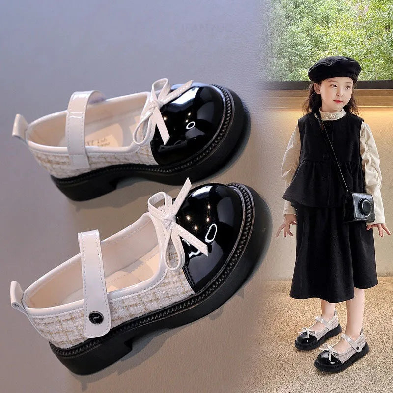 Spring Autumn Children's Leather Shoes with Bowknot Versatile Girls Fashion Mary Jane Shoes Causal Patchwork Kids Princess Shoes