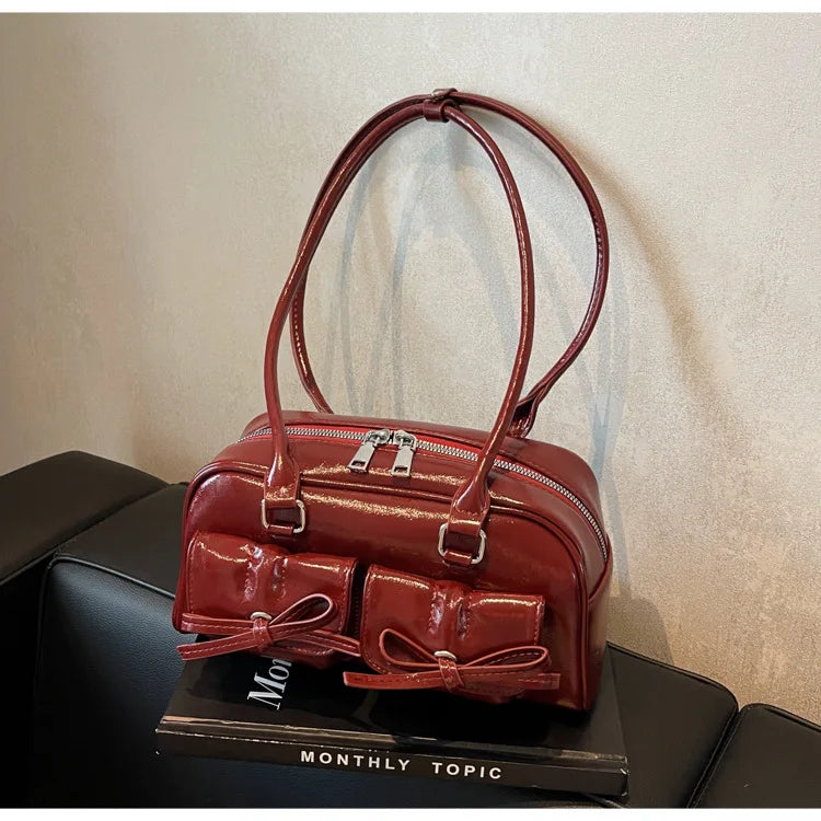 Vintage Women Business Shoulder Bags Simple Ladies Commute Tote Bag Pu Leather Female Underarm Bag Burgundy Large Handbags Purse