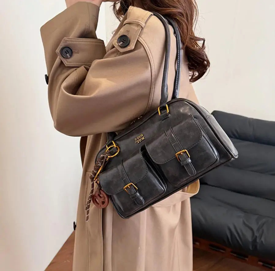 Women's Coffee Brown Multi-Pocket Handbag Shoulder Bag, Stylish Versatile Letter Crossbody Purse for Travel Work Shopping Dates