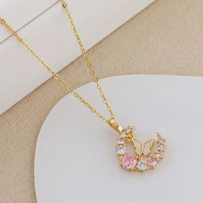 New Korean Fashion Butterfly Moon 2025 Necklace Women's Stainless Steel Cute Collar Chain High End Elegant Jewelry Girls Gift