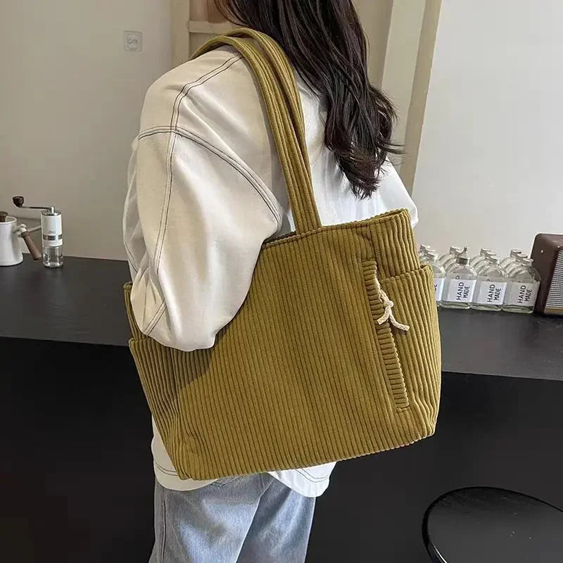 Corduroy Daily Handbag Fashionable Versatile Shoulder Bag for Women Multi-Compartment Zipper Closure Commute Women's Tote Bag