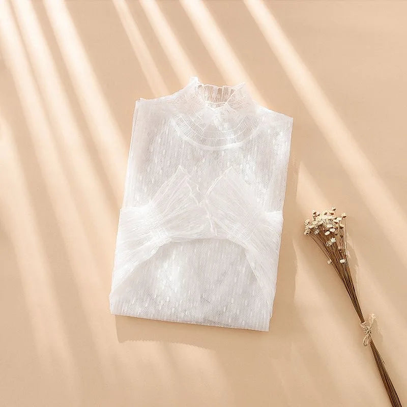 Women Sexy Mesh See Through T Shirt  Long Bell Sleeve Hollow Out Blouse Summer Transparent Sheer High Neck Bottoming Basic Tee