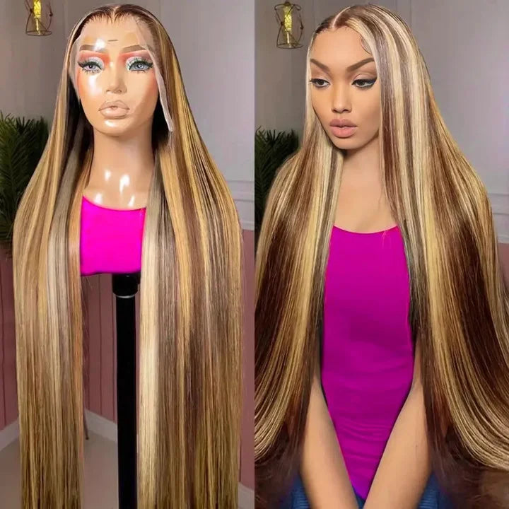 Brown With Gold Gradient Straight Hair Wigs Glueless 5x5 HD Lace Closure Wig Gold Omber Highlight Human Hair Wig Colored Wigs