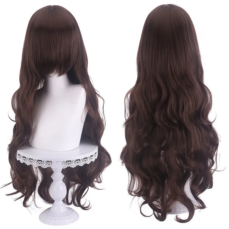 Diagonal Bangs Curly Long Wave Wig for Women Heat-resistant Fiber Synthetic Wig for Daily Cosplay