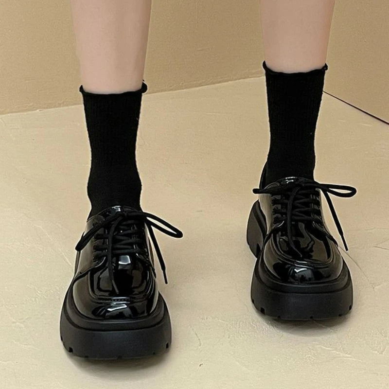 Women's Shoes Platform Flats Autumn Black Loafers Fashion Comfortable Leather Shoes Lace-up Outdoor Casual Oxfords Zapatos Mujer