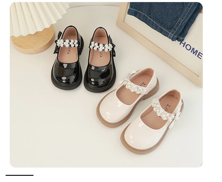 Children's Leather Shoes Glossy PU Black School Girl Shoes Fashion Sweet Kids Princess Soft Bottom Mary Jane Shoes Side Bowknot