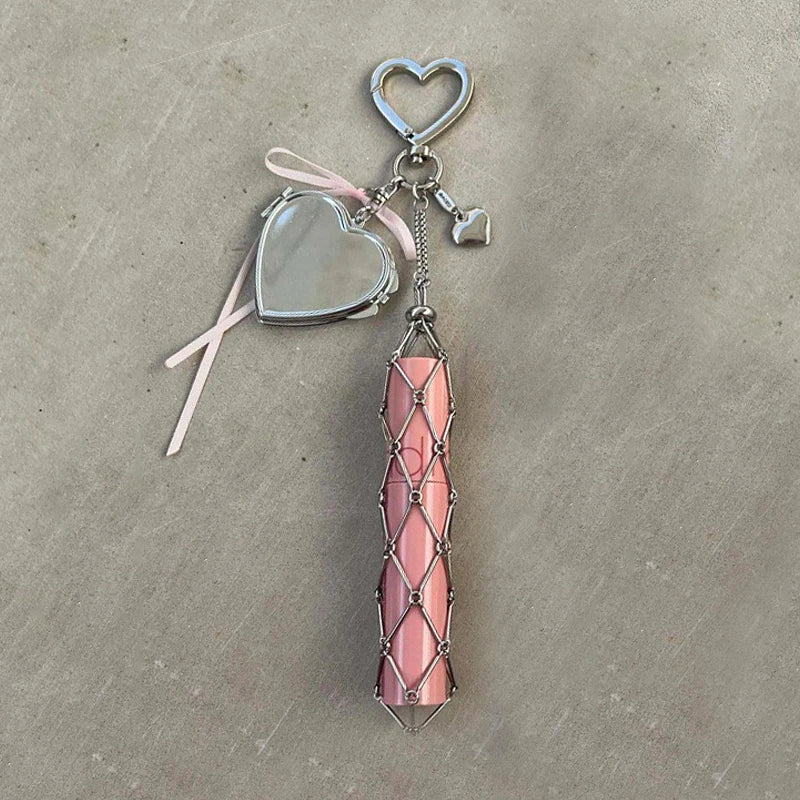 New Portable Lipstick Bag Women Metal Chain Mesh Pouch Stainless Steel Lipstick Holder Case Love Charm Keyrings Accessory