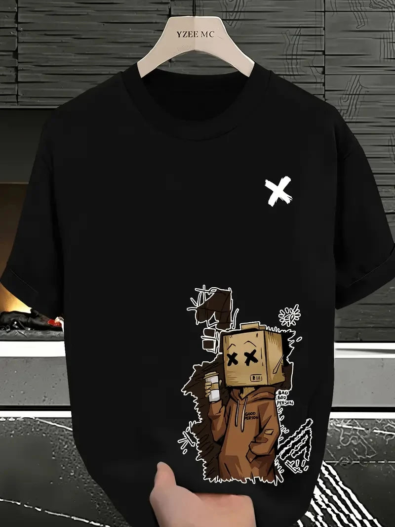 Men's 100% pure cotton fashionable casual sports loose trendy doll graffiti printed round neck short sleeved T-shirt top