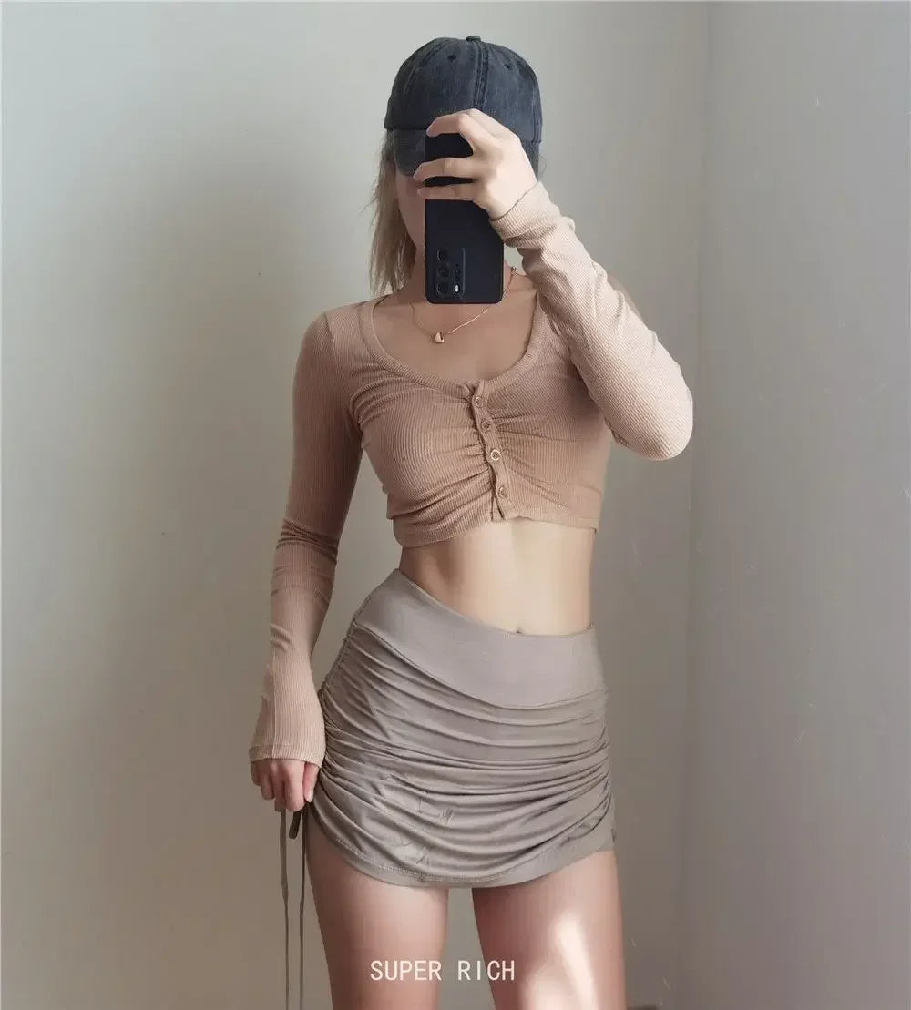 Spring Summer Women Long Sleeve Button T Shirt Female Solid Slim Sexys Casual Tee Shirt Femmes Y2k Clothes Streetwear Crop Tops