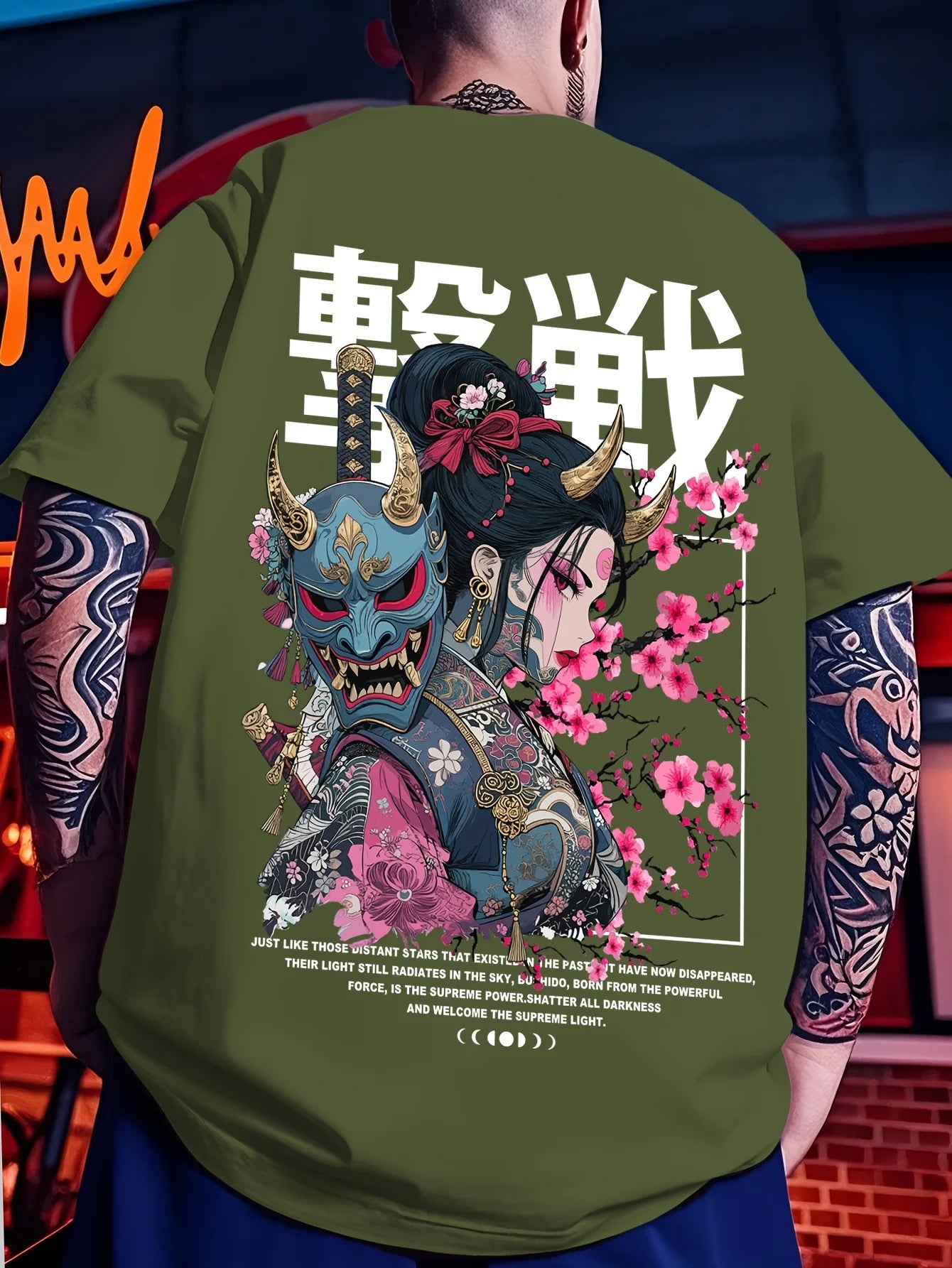 European and American men's summer ghost warrior cherry blossom print soft and breathable round neck T-shirt outdoor street top