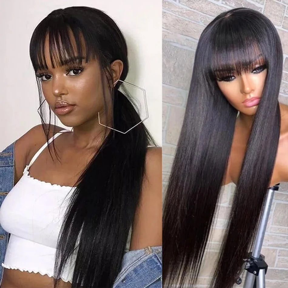 100% Human Hair Wigs Wear Go Glueless Straight Wig With Bangs Natural Black Color Straight Machine Made Wig with Fringe Bobbi