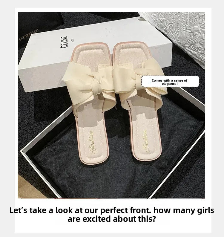 Fashionable Butterfly Knot Flat Bottom Slippers Women's Summer Outdoor Wear Soft Bottom Home Slippers Versatile Fairy Wind Cool