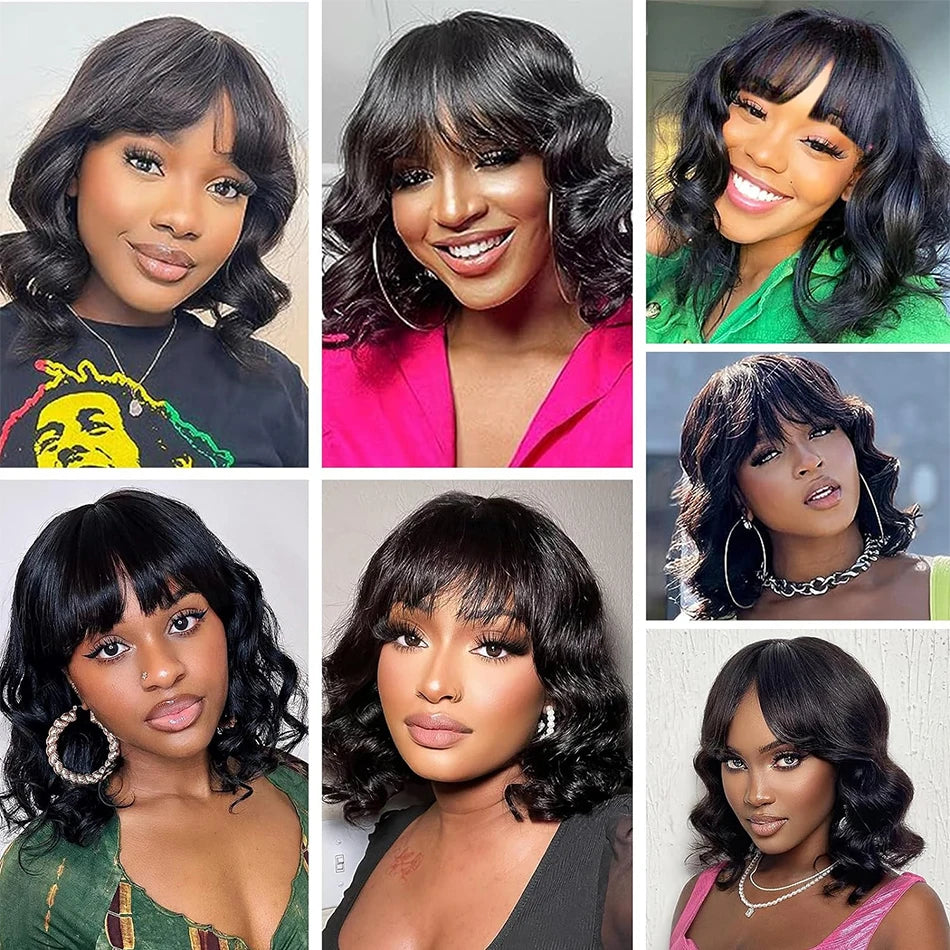 Body Wave Wigs With Bangs Malaysian Human Hair Wig With Bangs For Women Glueless Wear and Go Machine Made Wig Short Bob Wig Sale
