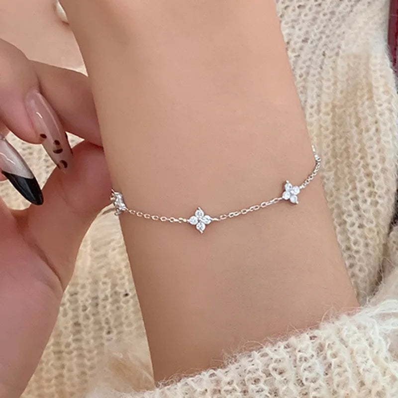 925 Sterling Silver Crystal Flower Bracelet for Women Girls New Personality Korean Chain Fashion Jewelry Accessories Party Gifts