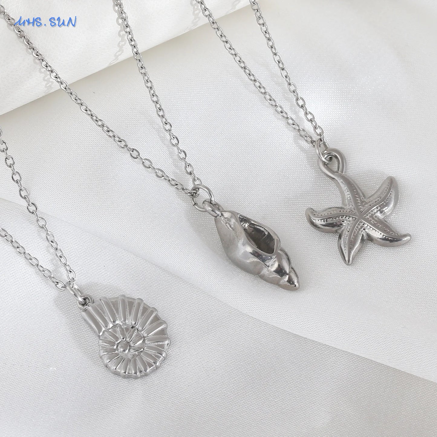MHS.SUN Starfish Shell Conch Pendant Necklaces For Women Men Stainless Steel Trendy Chain Choker Beach Jewelry Summer Party