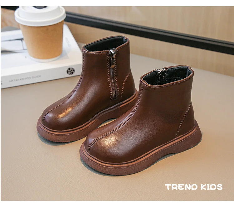 Children Fashion Boots Simple Girls Ankle Boot Black Kids Short Leather Boots Side Zipper Thick Bottom Autumn Winter 2024 New