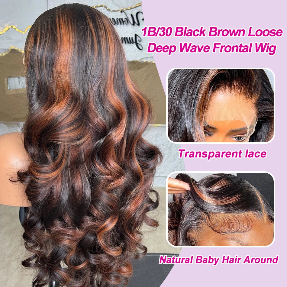 220 Density 30 Inch 1B/30 Black Brown Body Wave Lace Front Human Hair Wigs Colored Highlight 13x6 HD Lace Frontal Wig Human Hair