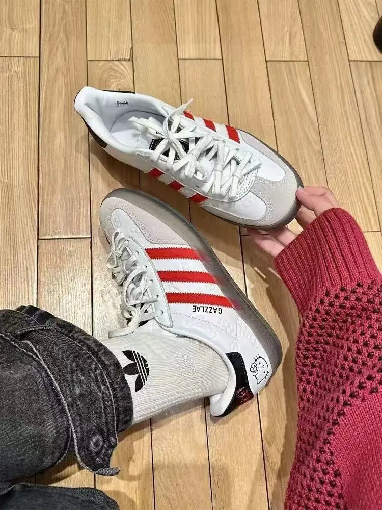 Original Hello Kitty Sneakers Cute Retro Low Cut Printed Flat Shoes Cartoon Student Fashion Color Blocked Striped Casual Shoes