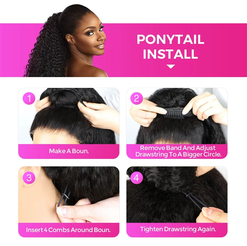 VSHOW Invisible Hairline 3 IN 1 Half Wig Yaki Kinky Straight Flip Over Elastic Drawstring Glueless Human Hair Wig For Beginner