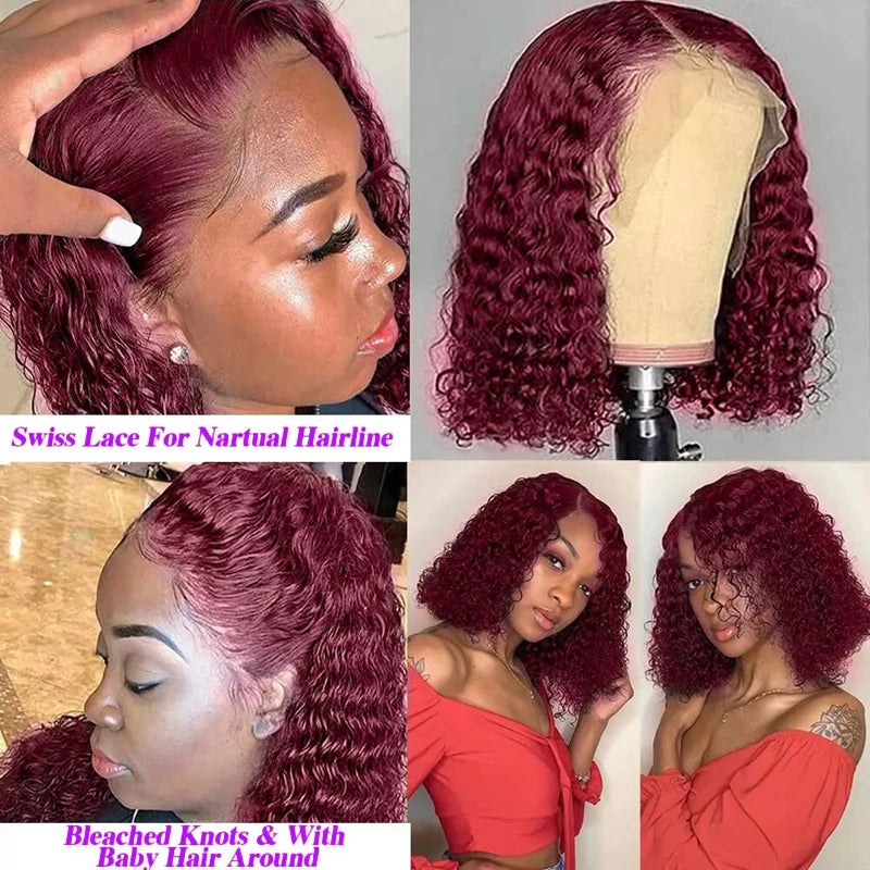 Short Curly Bob Lace Wigs 100% Human Hair 13x4 200% Density Lace Curly Wigs For Women 99J Red Deep Wave Wigs Pre Plucked