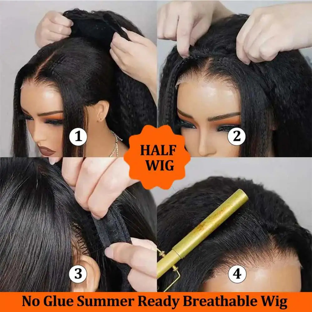 Half Wigs Human Hair Kinky Straight 3 In 1 Human Hair Wig Seamless Flip Over Half Wig Beginner Friendly Curly Wigs for Women