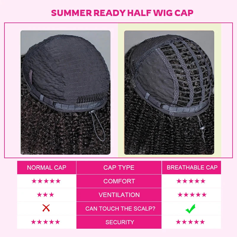 VSHOW Invisible Hairline 3 IN 1 Half Wig Yaki Kinky Straight Flip Over Elastic Drawstring Glueless Human Hair Wig For Beginner