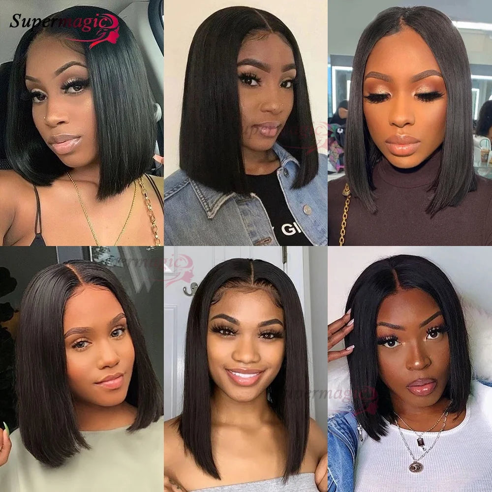 100% Vietnamese Super Double Drawn Bone Straight 13x4 Frontal Bob Wig with Human Hair Natural Black 300% Density For Black Women