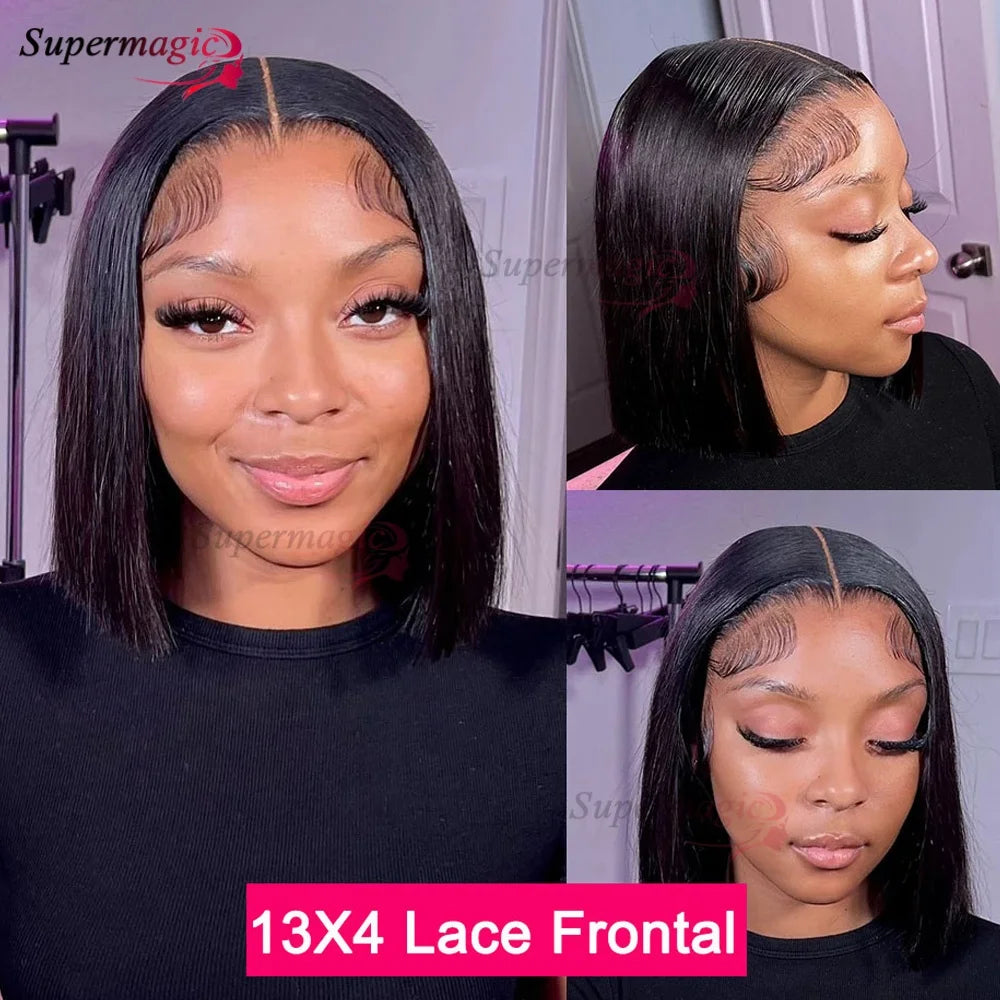 100% Vietnamese Super Double Drawn Bone Straight 13x4 Frontal Bob Wig with Human Hair Natural Black 300% Density For Black Women