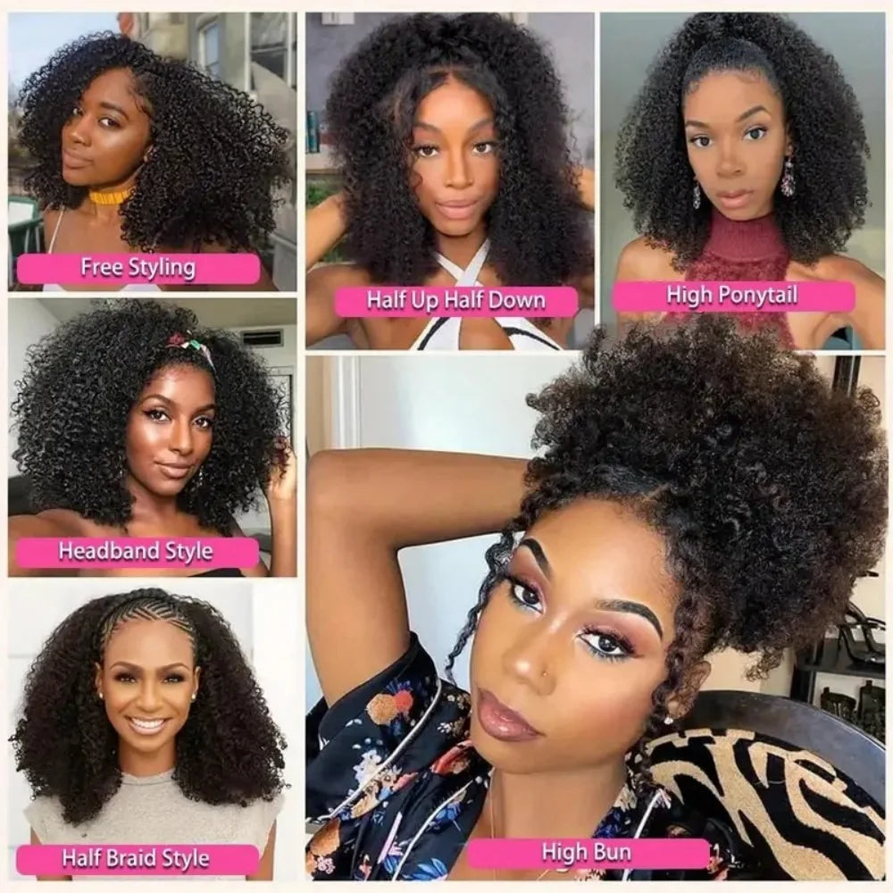 Afro Kinky Curly Half Wigs Glueless Human Hair Upgrade Wear & Go Half Wig With Drawstring Seamless Clip Ins Flip Over Curly wigs