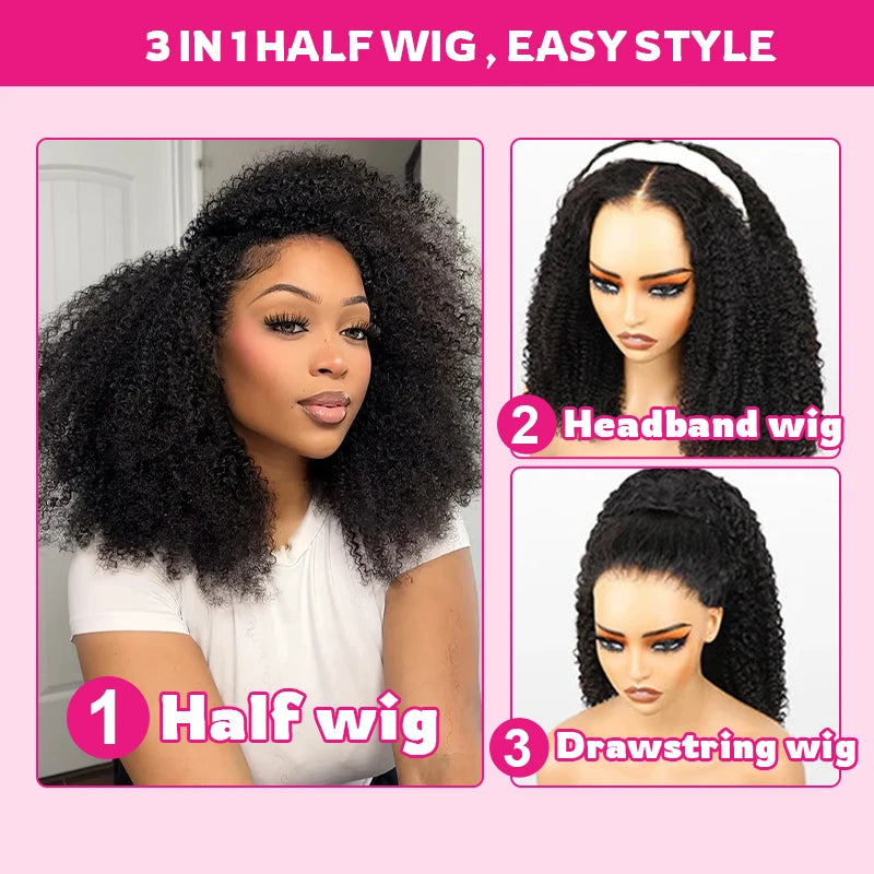 VSHOW Invisible Hairline 3 IN 1 Half Wig Yaki Kinky Straight Flip Over Elastic Drawstring Glueless Human Hair Wig For Beginner