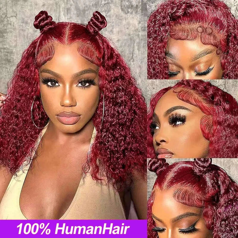Short Curly Bob Lace Wigs 100% Human Hair 13x4 200% Density Lace Curly Wigs For Women 99J Red Deep Wave Wigs Pre Plucked