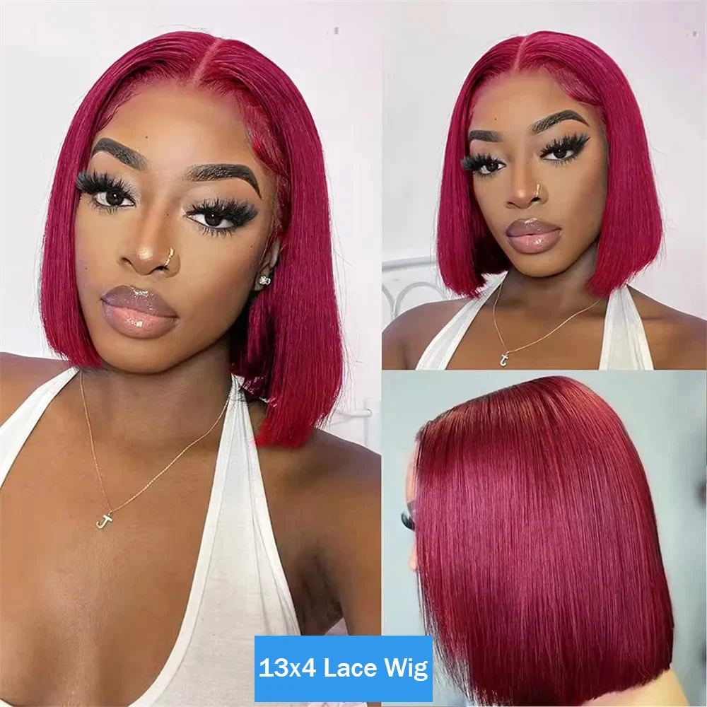 99J Burgundy Straight 13x4 Lace Frontal Bob Wigs Brazilian 100% Human Hair For Women WineRed Lace Front Human Hair Wig Short Bob