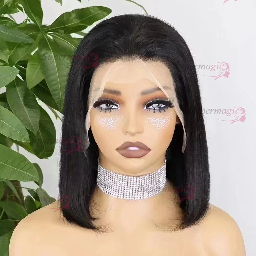 100% Vietnamese Super Double Drawn Bone Straight 13x4 Frontal Bob Wig with Human Hair Natural Black 300% Density For Black Women