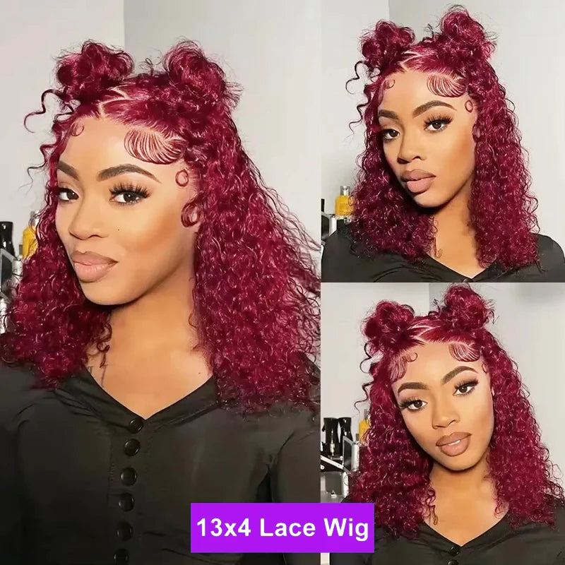 Short Curly Bob Lace Wigs 100% Human Hair 13x4 200% Density Lace Curly Wigs For Women 99J Red Deep Wave Wigs Pre Plucked