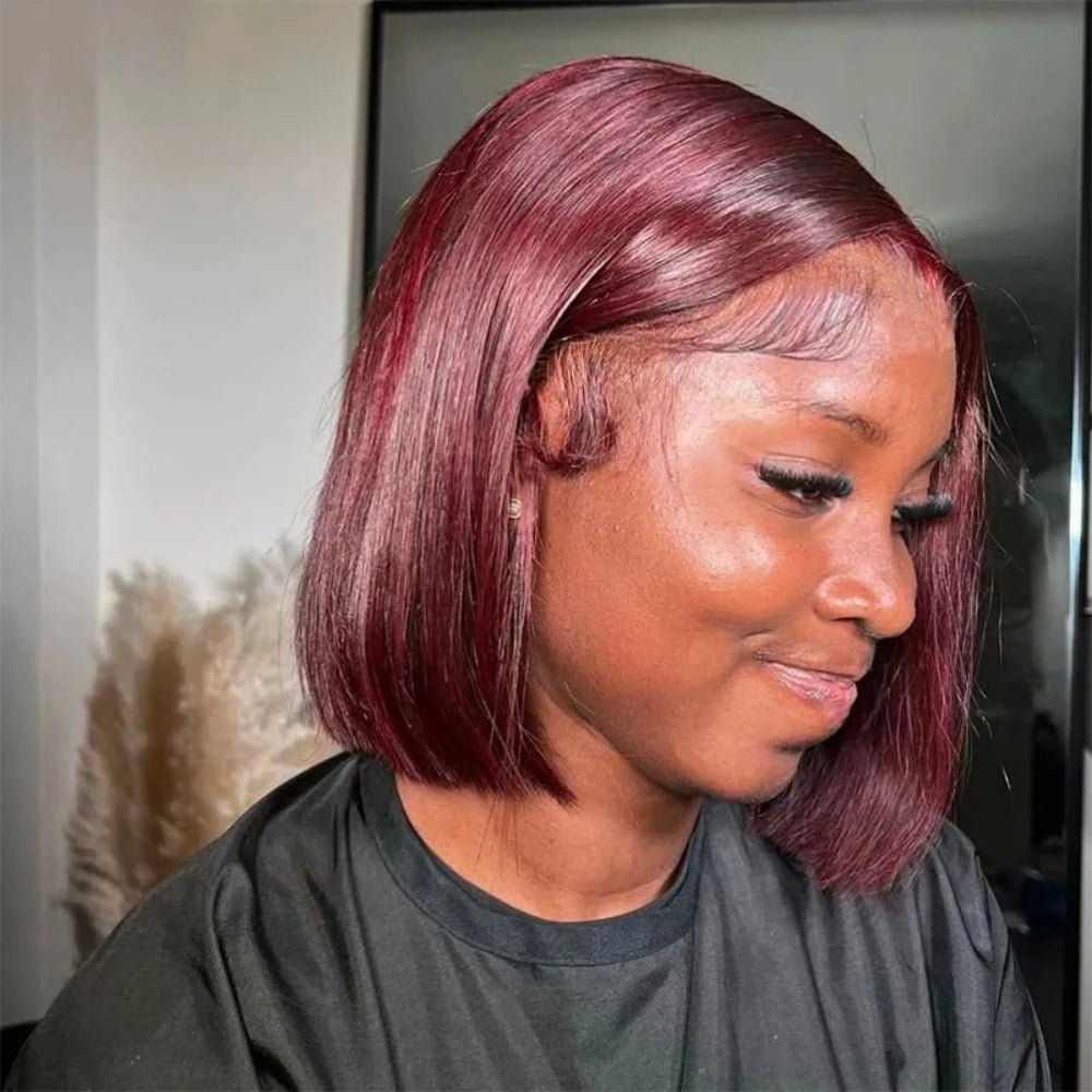 99J Burgundy Straight 13x4 Lace Frontal Bob Wigs Brazilian 100% Human Hair For Women WineRed Lace Front Human Hair Wig Short Bob