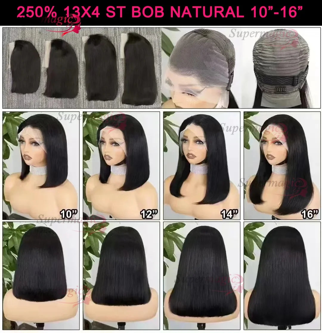 100% Vietnamese Super Double Drawn Bone Straight 13x4 Frontal Bob Wig with Human Hair Natural Black 300% Density For Black Women