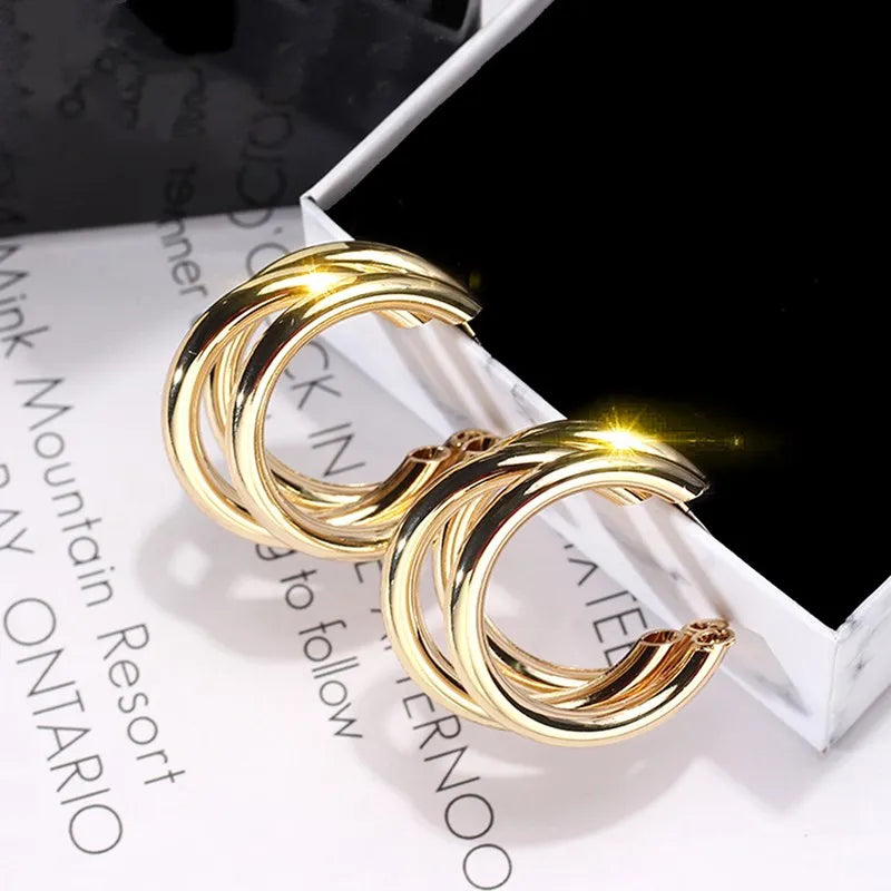 Gold Color Smooth Three Circles Hoop Earrings Exaggerated Thick Tube Round Ear Simple Women Fashion Jewelry Hiphop Rock