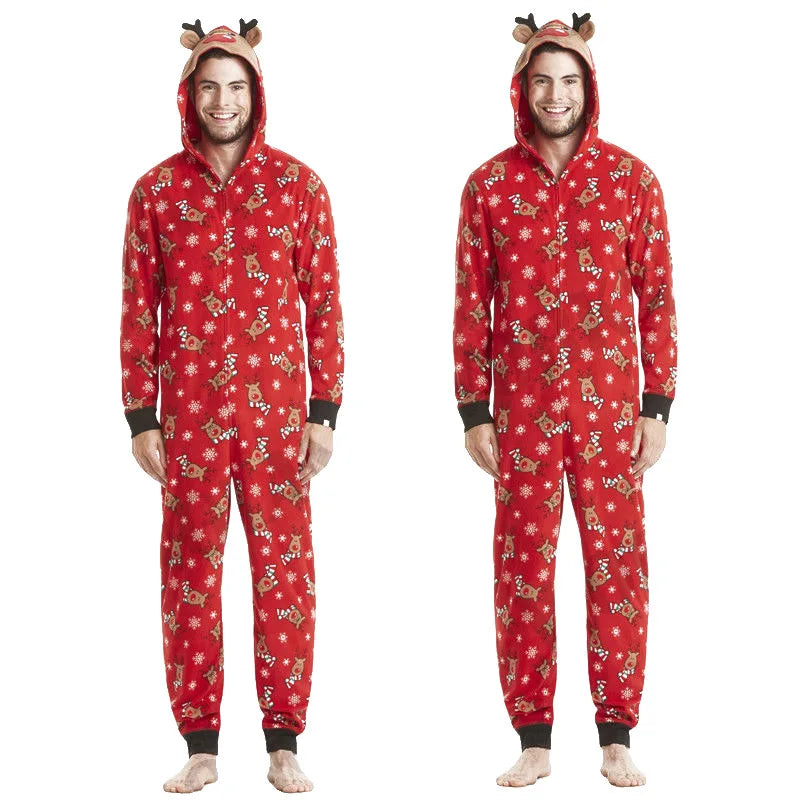 Christmas Family Matching Onesie Elk Print Cute Soft Jumpsuit Mom Dad Kids Clothing Sets Hooded Zipper Overall Xmas Look Pyjamas