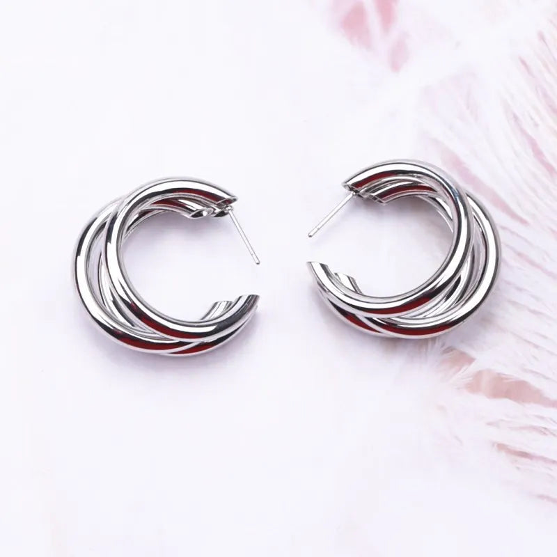 Gold Color Smooth Three Circles Hoop Earrings Exaggerated Thick Tube Round Ear Simple Women Fashion Jewelry Hiphop Rock