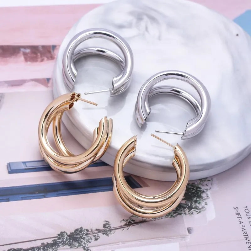 Gold Color Smooth Three Circles Hoop Earrings Exaggerated Thick Tube Round Ear Simple Women Fashion Jewelry Hiphop Rock