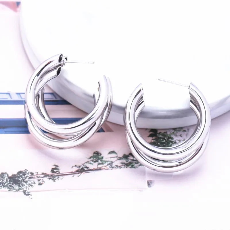Gold Color Smooth Three Circles Hoop Earrings Exaggerated Thick Tube Round Ear Simple Women Fashion Jewelry Hiphop Rock