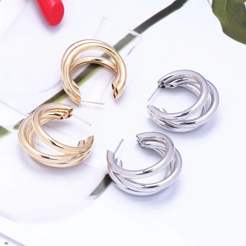 Gold Color Smooth Three Circles Hoop Earrings Exaggerated Thick Tube Round Ear Simple Women Fashion Jewelry Hiphop Rock