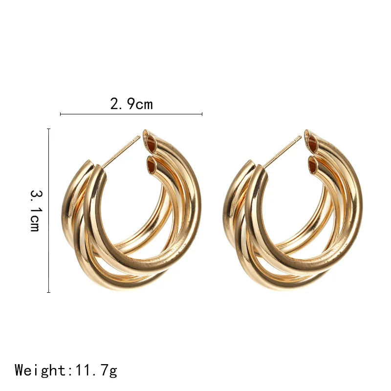 Gold Color Smooth Three Circles Hoop Earrings Exaggerated Thick Tube Round Ear Simple Women Fashion Jewelry Hiphop Rock