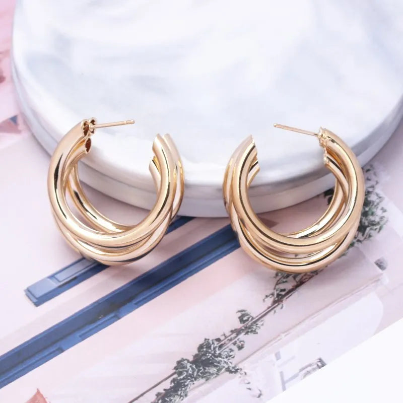 Gold Color Smooth Three Circles Hoop Earrings Exaggerated Thick Tube Round Ear Simple Women Fashion Jewelry Hiphop Rock