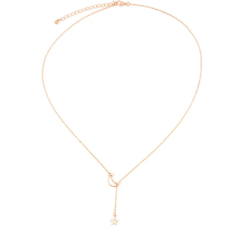 NK319 Fashion Moon Star Pendant Choker Necklace Simple Gold Color Alloy Charm Chain Collares Neck For Women Party Jewelry