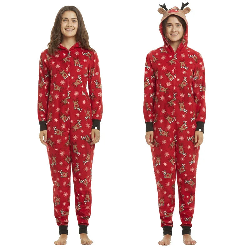 Christmas Family Matching Onesie Elk Print Cute Soft Jumpsuit Mom Dad Kids Clothing Sets Hooded Zipper Overall Xmas Look Pyjamas