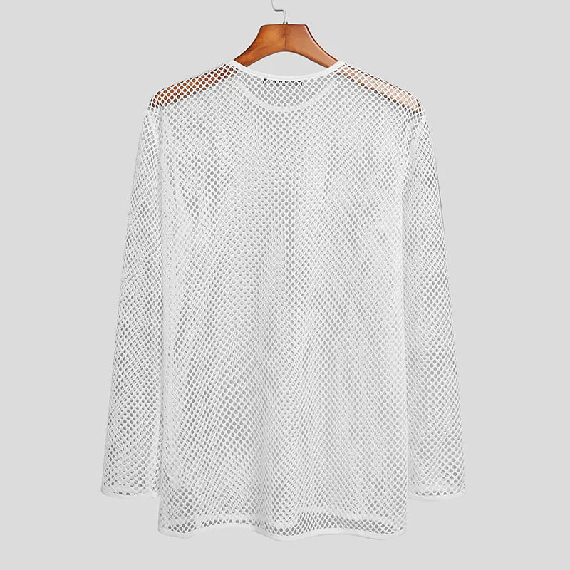 INCERUN 2024 Men T Shirt Mesh Transparent O-neck Long Sleeve T-shirts Sexy Streetwear Fashion Party Nightclub Men Clothing S-5XL